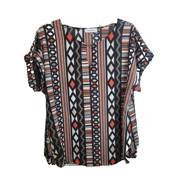 Calvin Klein Black Orange Geometric Keyhole Short Sleeve Top Women's Size Large - Picture 1 of 10